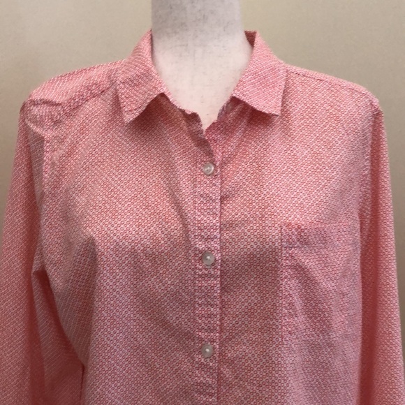 Halogen. Button down Long Sleeve Shirt. Orange and White Circle Pattern. Large. - Picture 2 of 11